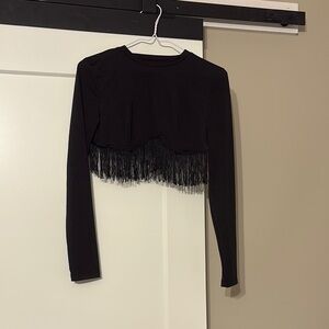 Black Fringe Long Sleeve Crop Top